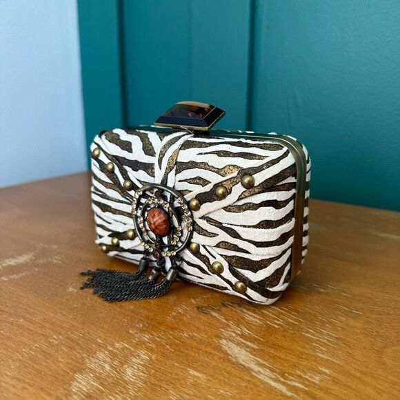 Mary Frances Aria Bronze Zebra Printed Tassel Versatile Shoulder Clutch Bag - Picture 14 of 14